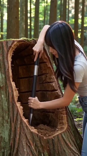 Process of a Lady Transforming a Big Tree Stump into a Shelter in the Wild