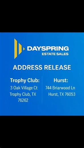 Photos Details https://dayspringestatesales.com/upcoming-sales Dayspring Estate Sales ✨ Addresses for this week’s estate sales are now live Trophy Club Sale 3 Oak Village Ct Trophy Club, TX 76262 Featuring a 2014 White Mercedes with excellent service records, along with beautiful furniture, décor, golf items and more. Hurst Sale 744 Briarwood Ln Hurst, TX 76053 This home is super packed with great items abounding — stylish furniture, décor, essentials and unique finds in every corner. We can’t w