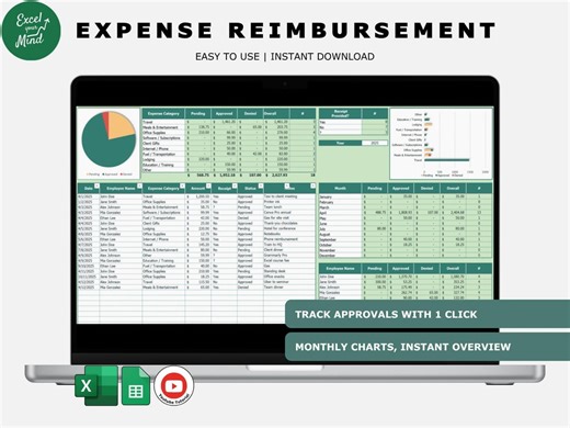 Expense Reimbursement Tracker: Employee Approvals, Receipts, Monthly Summary (excel & Google Sheets) - Etsy