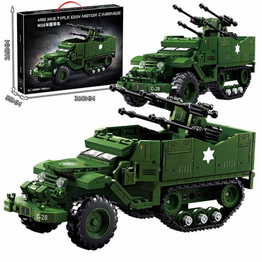 486pcs Ww2 Army Toys Plastic Model Kit Military Vehicle M16 Gun Motor Carriage Anti Aircraft Half Track Building Block Sets