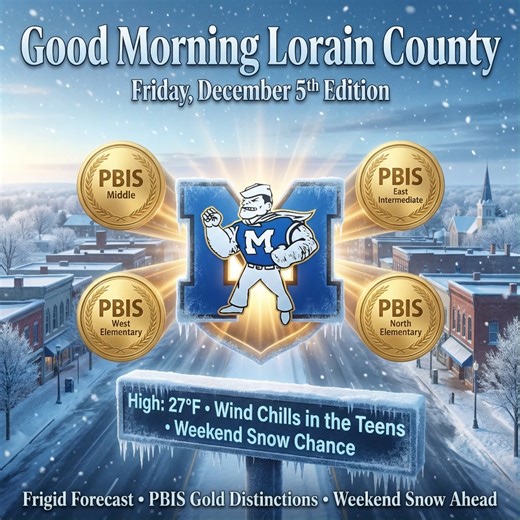 ❄️ GOOD MORNING, LORAIN COUNTY! | Friday, December 5th ❄️ Bundle up! Today’s episode of “Good Morning Lorain County” dives into another frigid winter day across Northeast Ohio before celebrating a huge win for local schools. 🌡 Today’s Forecast: Highs only in the mid–upper 20s with wind chills in the teens. After yesterday’s single-digit lows, the cold snap continues. Stay warm and give yourself extra time if you’re heading out this morning. 🎉 Local Spotlight: Midview Local Schools Earn Gold PB