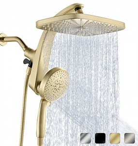 KESTE 12 Inch High Pressure Rainfall Shower Head with Handheld Combo, 3 8 2 Spray Setting, Built-in Magnetic Docking, 360° Adjustable Showerhead for Bathroom,Gold