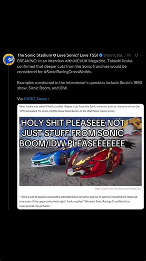 the game is literally called CROSSWORLDS it’s Sonics 35TH ANNIVERSARY PLEASEE GIVE THE AMERICAN CARTOONS SOMETHING THEY DONT EVEN HAVE TK BE CANON💔💔💔💔 #sonicthehedgehog #fyp #sonicsatam #sonicracingcrossworlds #sonicunderground