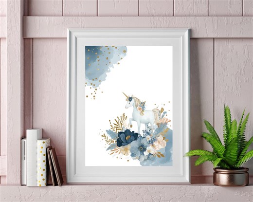 Floral Unicorn Wall Art Printable | Blue and Gold Unicorn Nursery Decor | Boho Fairytale Unicorn Artwork | Magical Digital Download - Etsy