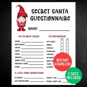 Printable Secret Santa Questionnaire for Christmas Gift Exchange, Secret Santa Form, Secret Santa for Work, Christmas Secret Santa - Etsy