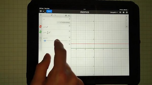 How to find e using exponential functions and derivatives