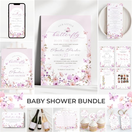 Butterfly Baby Shower Bundle | Floral Baby Shower Invitation Set | Pink Wildflower Baby Shower Decor | Girl Butterfly Game Package | SB10 - Etsy