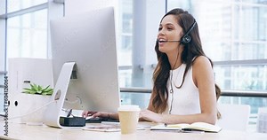 Call center, woman and talking at computer for customer service, telemarketing and sales consulting. Happy female agent, desktop and communication for telecom advice, help desk and technical support