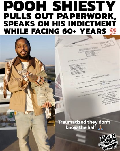 Pooh Shiesty breaks his silence and speaks directly on his indictment, showing paperwork and making it clear that nobody folded — including himself. He says his CO kept it solid through the whole situation, standing on principles even while facing 60 years to life. No excuses, no backtracking, just accountability and loyalty under pressure. Heavy situation, real consequences, and a reminder of how serious this game can get. 💯🧾🔥 | Traps N Trunks