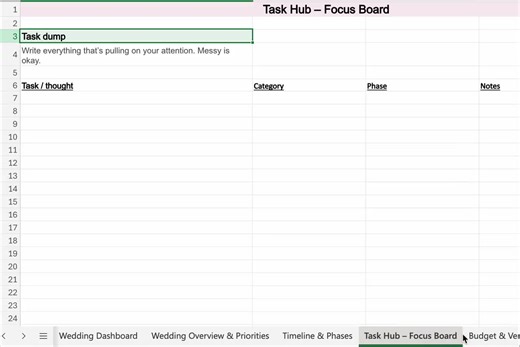 Calm Wedding Planner Excel and Google Sheets | Minimal Budget, Guest List, Timeline Spreadsheet for Overwhelmed Brides