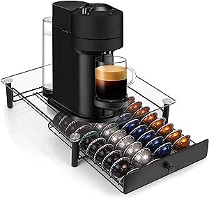 Tempered Glass Coffee Pod Drawer, Nespresso Vertuo Capsule Holder Organizer for 40 Pods, Under Coffee Maker Storage, Compatible with Vertuo Next/Plus, 14.76"x12.99"x3.5"