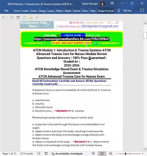 ATCN Module 1 Introduction & Trauma Systems ATCN Advanced Trauma Care for Nurses Pretest Module