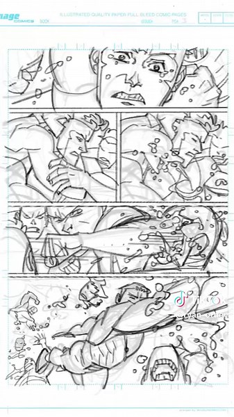 Would you like to see how I draw a page? Here’s some process behind the making of INVINCIBLE. Issue 39, page 3. I think I picked a non-spoilery page. You’ll see how I’m thinking on the page, and I change a few things as I go. This is why I do digital layouts, so all my thought processing can go here and not muddy up the original art once I print out the layout in a light blue, then I do my traditional pencilling over the layout, adding details.