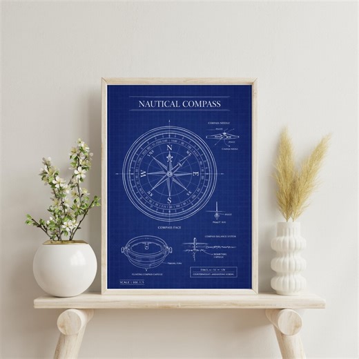 Nautical Compass Blueprint Poster | Marine Navigation Diagram | Maritime Wall Art (digital Download) - Etsy