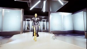 3D fashion show: virtual model walking by the podum