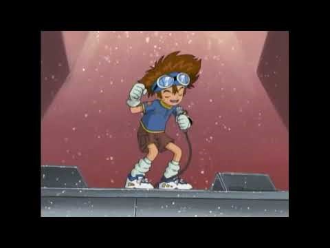 Anime "Digimon" de 1999 (Tai, Joe, Agumon, Gomamon e Mimi cantando "Nós Pedimos às Estrelas")