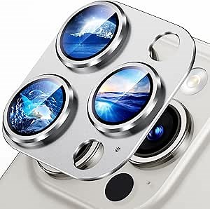 Uyiton Compatible with iPhone 15 Pro/iPhone 15 Pro Max Camera Lens Protector, [Not Easy to Break][Strong Adsorption][Case-Friendly] Metal Tempered Glass Rear Camera Screen Cover - Silver White