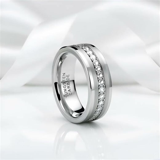 Diamond Inlay Beveled Matte Edges Tungsten Men's Wedding Band- Black Diamonds- New York