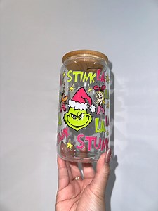 16 Oz Grinch Glass Cup, With Bamboo Lid and Glass Straw. Aesthetic Drinkware, Cute Iced Coffee Can, Waterproof, Christmas Holiday Design - Etsy