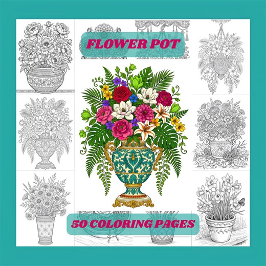 Flower Pot Coloring Pages, 50 Printable Flower Coloring Sheets, Adult Coloring Pages, Botanical Coloring Pages, Relaxing Art, PDF - Etsy
