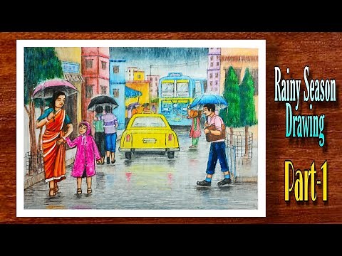 Rainy Season Drawing | Rainy Day Drawing | Monsoon Scenery Drawing with Oil pastel | Part-1