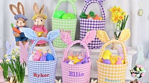 Easter Basket, Jocidea Personalized Easter Baskets, Easter Bunny Basket, Easter Egg Hunt Baskets - Bunny Blue Grid Basket