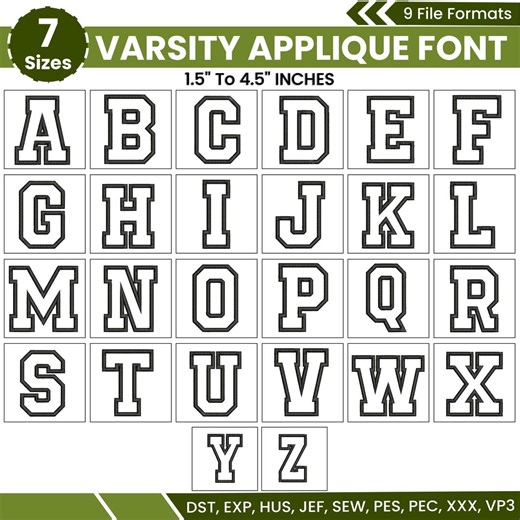 Applique Font Embroidery, Applique Alphabet Letters A-Z, Machine Embroidery Design, Embroidery Alphabet PES Font, 7 sizes, Instant Download