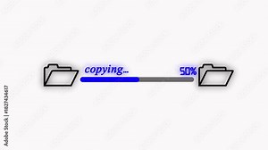 Document file downloading or transfer process icon animation. Fast file transfer, quick torrent of copying data from folder to folder with 0 to 100% complete on white background.