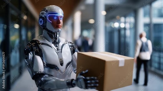 A futuristic humanoid robot delivers a package in a modern environment, highlighting advanced artificial intelligence and automation in logistics and industry.