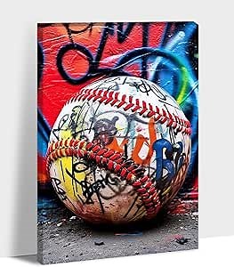 ANRUOXI Graffiti Baseball Canvas Wall Art, Colorful Sports Ball Wall Decor, Abstract Urban Graffiti Canvas Prints, Modern Street Banksy Pop Art Painting for Teen Boy Bedroom Decoration 12" Wx18 H