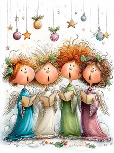 Christmas Choir, Singing Angels, Caroling Art, Festive Decor, Holiday Angels, Angel Choir, Christmas Carolers, Xmas Illustration, - Etsy