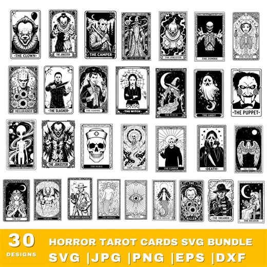 Horror Tarot Card SVG Bundle, Ghost Face, Clown, Slasher, Dreamer, Puppet, Camper Cut Files, Spooky Killer Clipart, Horror Halloween Png - Etsy