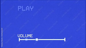 An old bad broken VHS tape playing. Blue screen, sixteen-nine factor, with PLAY and VOLUME text. A vintage background for videos, a retro element.