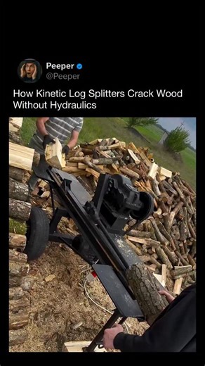 PEEPER on Instagram: "This machine uses a kinetic flywheel system rather than traditional hydraulics to split firewood. As the flywheels spin, they store rotational energy, which is released in a rapid burst when the ram engages the log. The result is a fast, high-impact strike that separates wood along its natural grain. Compared to hydraulic splitters, kinetic designs typically cycle much faster, making them efficient for processing large volumes of evenly sized logs. This approach highlights 