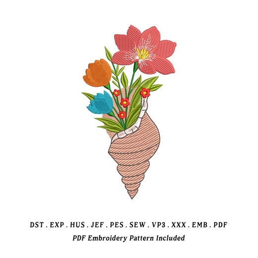 Shell Blossom Embroidery Design | Floral Seashell Illustration | Coastal Botanical Outline Stitch File | Digital Machine Embroidery - Etsy