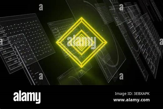 Animation of neon yellow tunnel in seamless pattern over screens with data processing. Computer interface and business technology concept Stock Video Footage - Alamy