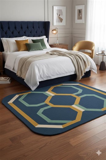 Modern Navy Blue & Mustard Geometric Lattice Rug – Square With Rounded Corners - Etsy