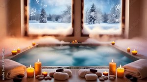 A cozy indoor spa with a steaming hot tub, lit candles and white folded towels. The large panoramic window offers a serene view of a snowy winter landscape
