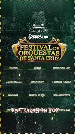 El Festival de Orquestas de Santa Cruz arranca! De Bolivia para el Mundo, Domingo 09 de Noviembre desde el medio dia 🎶 📍 ¿en Dónde? En el imponente CASA GRANDE AUDITORIO, el escenario que ha recibido a las estrellas más grandes del mundo, y que ahora será el epicentro del talento orquestal de Bolivia. ✨ un escenario de nivel internacional, disfrutarás de las mejores orquestas de Bolivia en un espectáculo inolvidable. 𝗥𝗲𝘀𝗲𝗿𝘃𝗮𝘀 𝗲 𝗶𝗻𝗳𝗼: 📱 wa.me/59177696926 📱 wa.me/59169031600 📱 wa