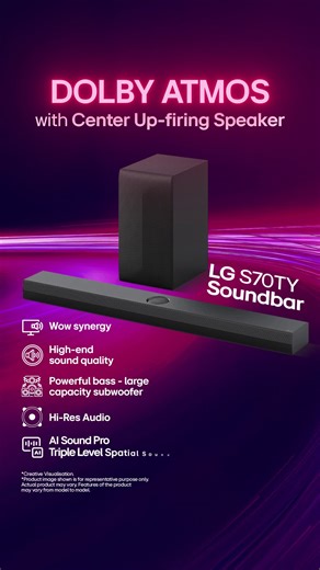Elevate every scene. The LG S70TY Soundbar with Dolby Atmos and a Center-Up Firing Speaker puts you right in the heart of the action, where every sound soars. Know more at: http://bit.ly/3UrW1xY #LG #LifesGood #XBoom #partyspeaker | LG Global