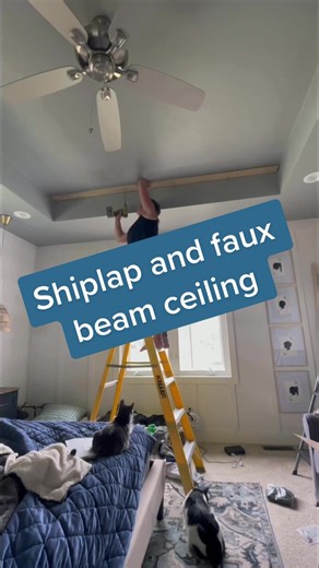 Shiplap ceiling and faux beam tray ceiling #fauxbeams #shiplapceiling #diyer #doityourself