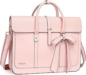 MOSISO Laptop Bag for Women, 15-15.6 inch PU Leather Laptop Shoulder Bags Convertible Backpack, 16 inch Messenger Bags Casual Handbag Work Briefcase Travel Computer Bag with Bowknot, Pink