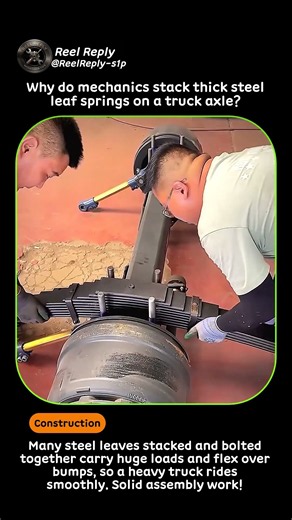 Solid Leaf Spring Assembly on a Heavy Truck Axle #worker #process #truck #mechanic #assembly