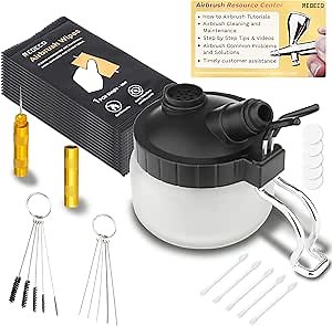 NEOECO Universal Airbrush Cleaning Pot Jar with Airbrush Wipe, 33 pcs Cleaning Solution kit - Glass Clean Pot, Airbrush Wipe, Q-tip, Cleaning Needle, Cleaning Brushe, Wash Needle & How to Link Card