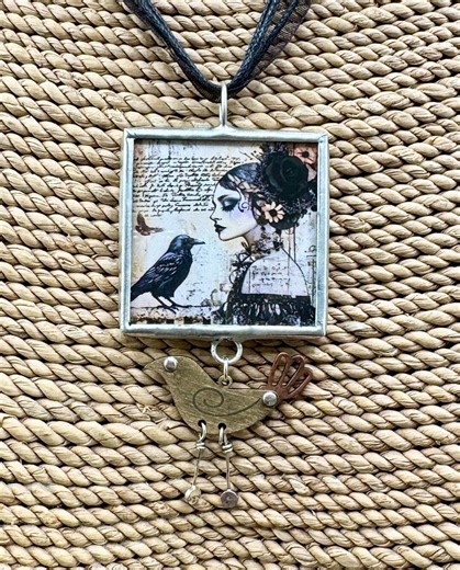 Artsy Bird and Woman Soldered Pendant With Metal Bird Adornment, Reversible Bird Jewelry - Etsy