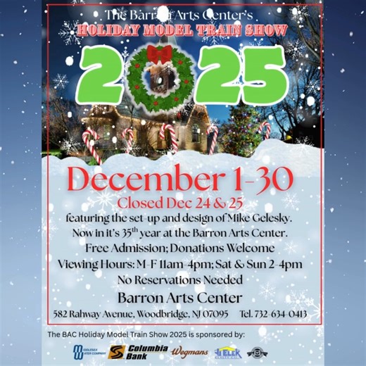 1.3K views · 19 reactions | It’s Almost Time! The 2025 Holiday Model Train Show opens on Monday, December 1st! On View: December 1-30 Closed Dec 24 & 25 featuring the set-up and design of Mike Gelesky. Now in it’s 35th year at the Barron Arts Center. Free Admission; Donations Welcome Viewing Hours: M-F 11am-4pm; Sat & Sun 2-4pm No Reservations Needed Barron Arts Center 582 Rahway Avenue, Woodbridge, NJ 07095 | Barron Arts Center | Facebook