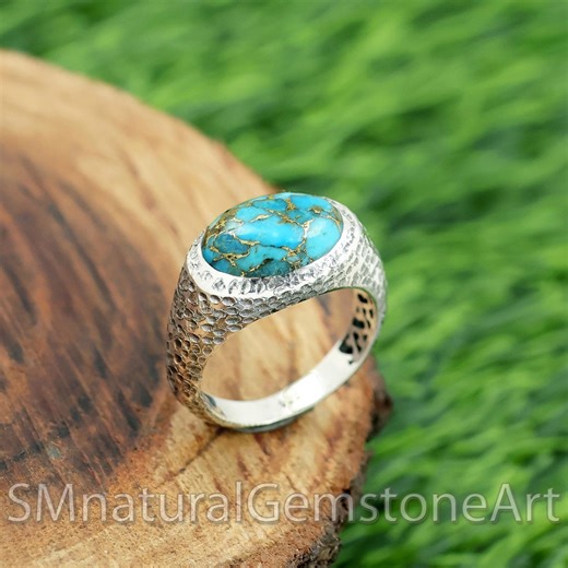 Blue Copper Turquoise Rustic Silver Men's Ring: 925 Sterling Silver Men Wedding Jewelry - Etsy