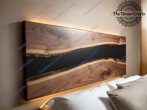 Live Edge Walnut & Black Epoxy Headboard – Backlit Wood River Wall Art - Etsy