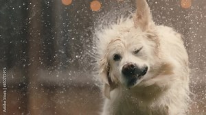 Dog shaking wet coat in extreme slow motion, English cream golden retriever shakes after bath outside in 4k 800fps