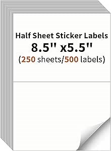 Half Sheet Labels, 2 per Sheet, 250 Sheets, 500 Labels, 8.5" x 5.5" Shipping Labels Paper, Address Sticker Laser & Inkjet Printer Label Stickers, 5 1/2" x 8 1/2" Half Sheet Labels